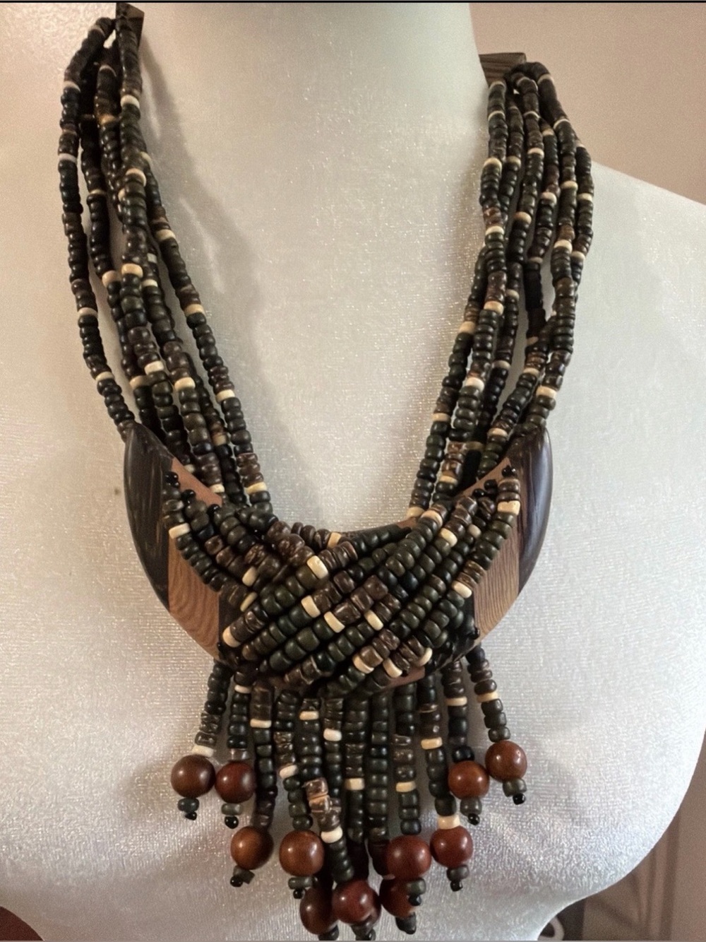 Vintage boho Wooden Multi-Strand Bead Necklace - statement beaded fringe